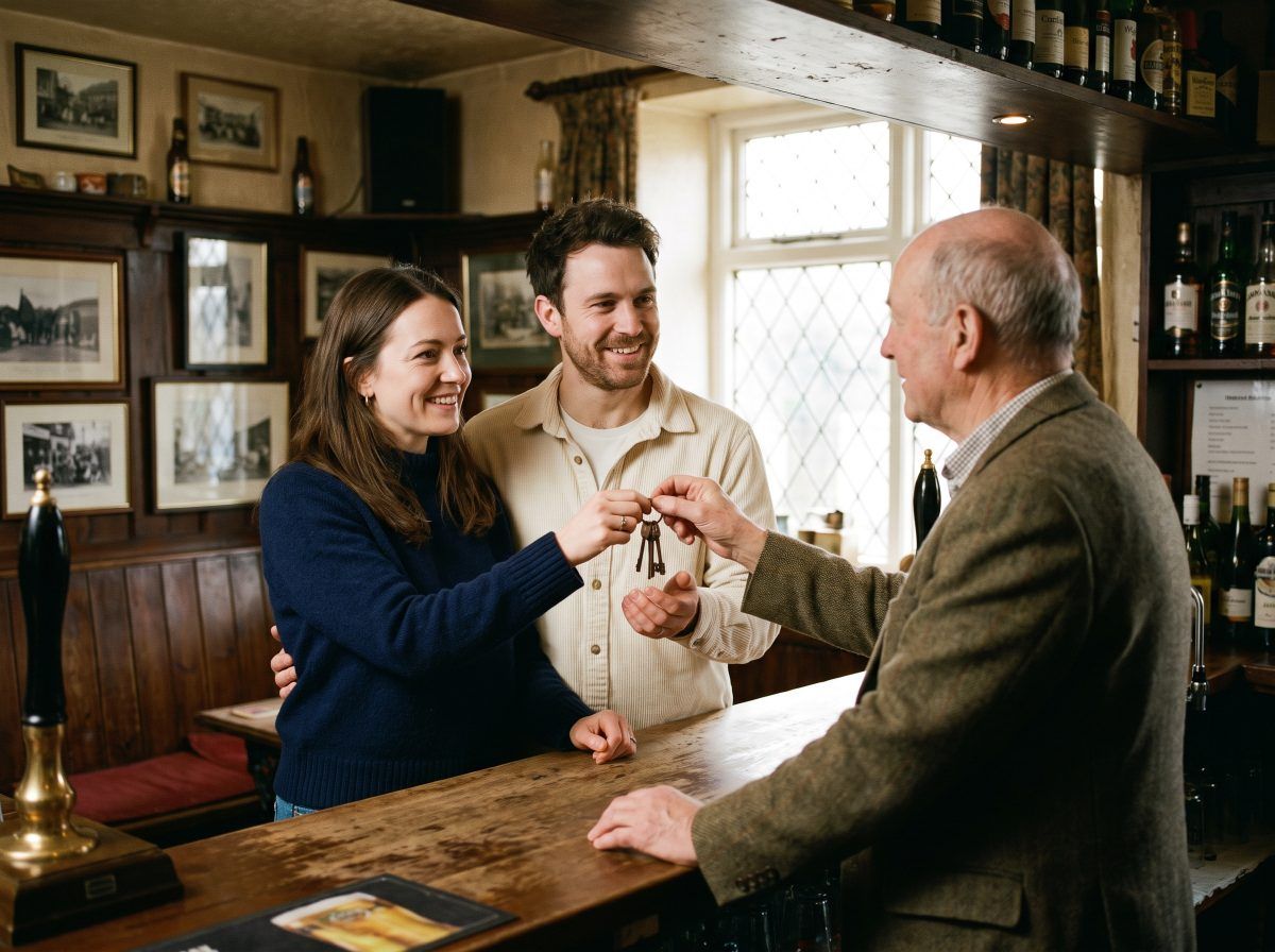 Couple receiving the keys to the pub they have bought