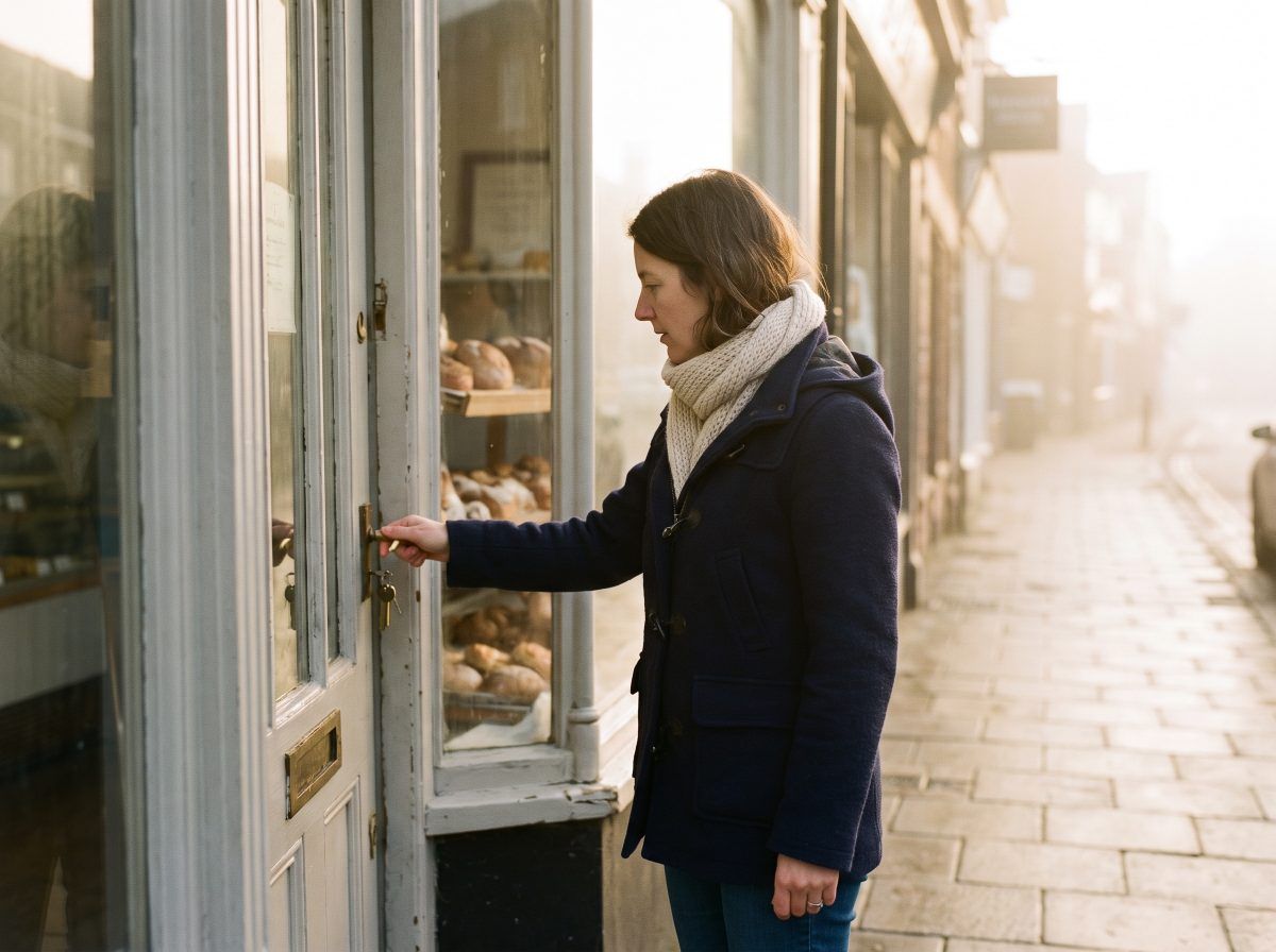 Owner unlocking her new bakery on a high street