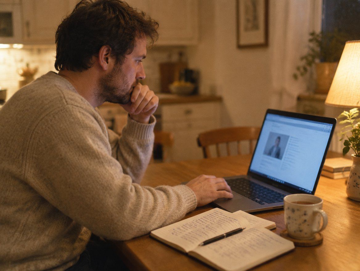 A business owner at a kitchen table writing in a notebook beside a printed worksheet