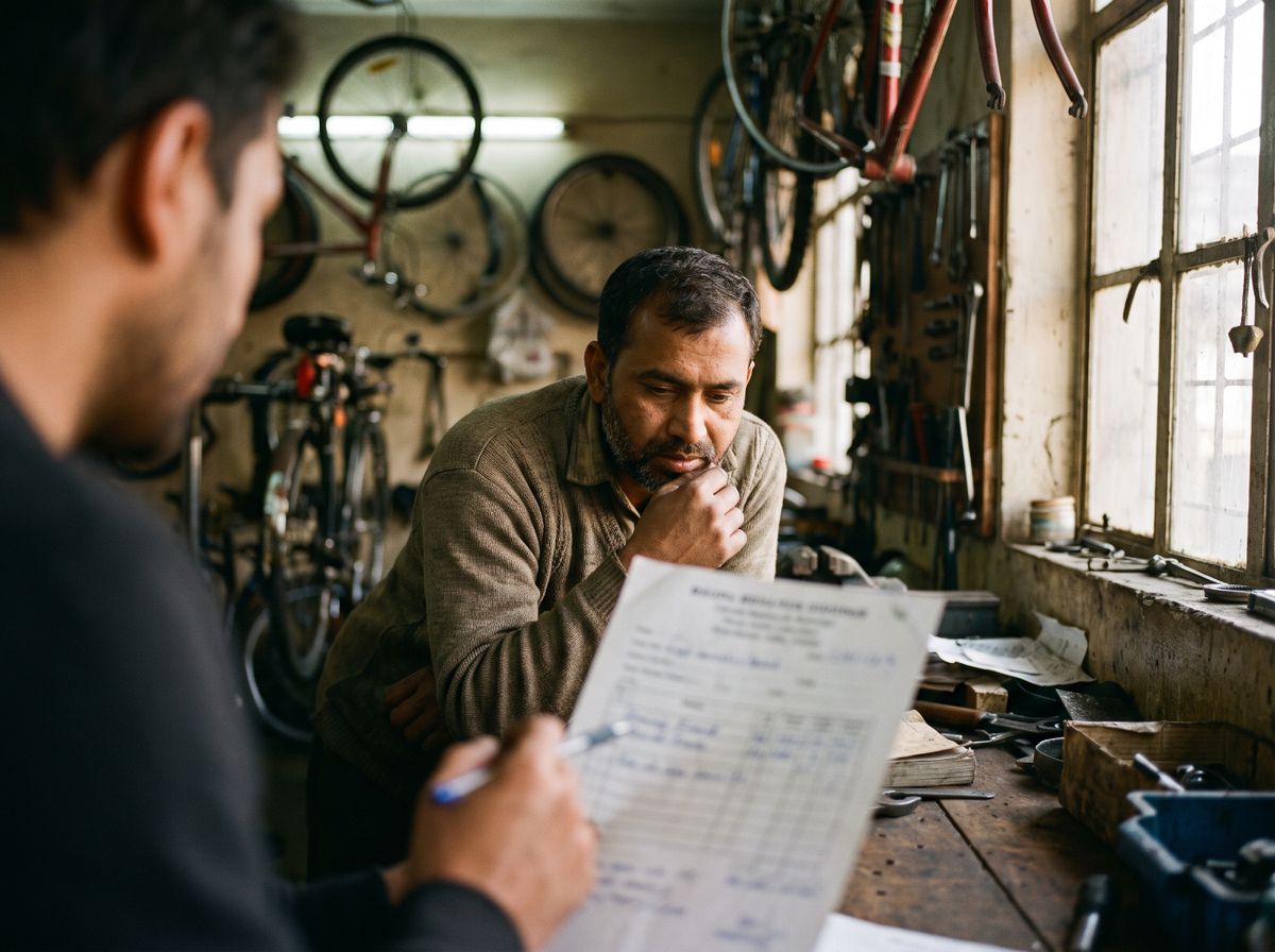 A bike shop owner listening as a mentor talks him through a printed plan in his workshop
