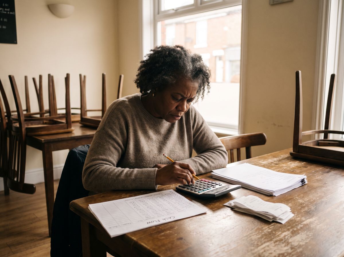 A café owner checking a printed cash flow forecast against receipts with a calculator before opening