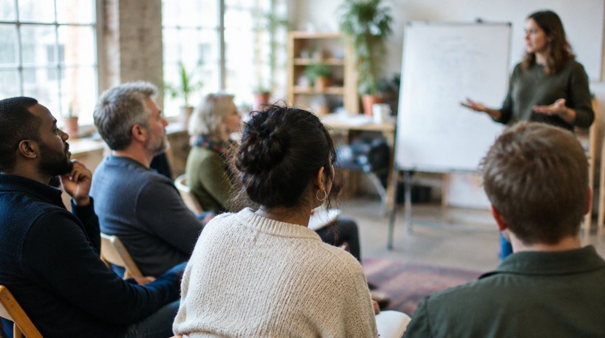 Prospective business owners listening at an informal discovery day