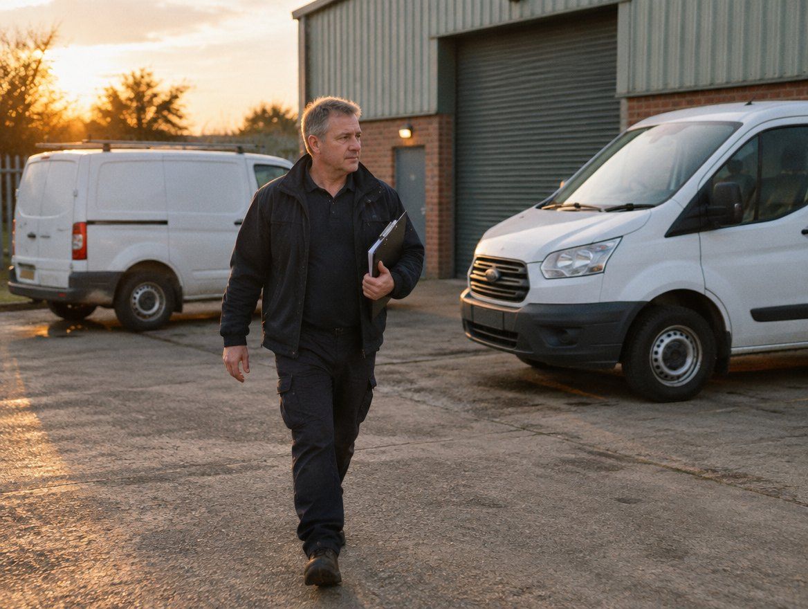 An operator walking past two service vans outside a light industrial unit