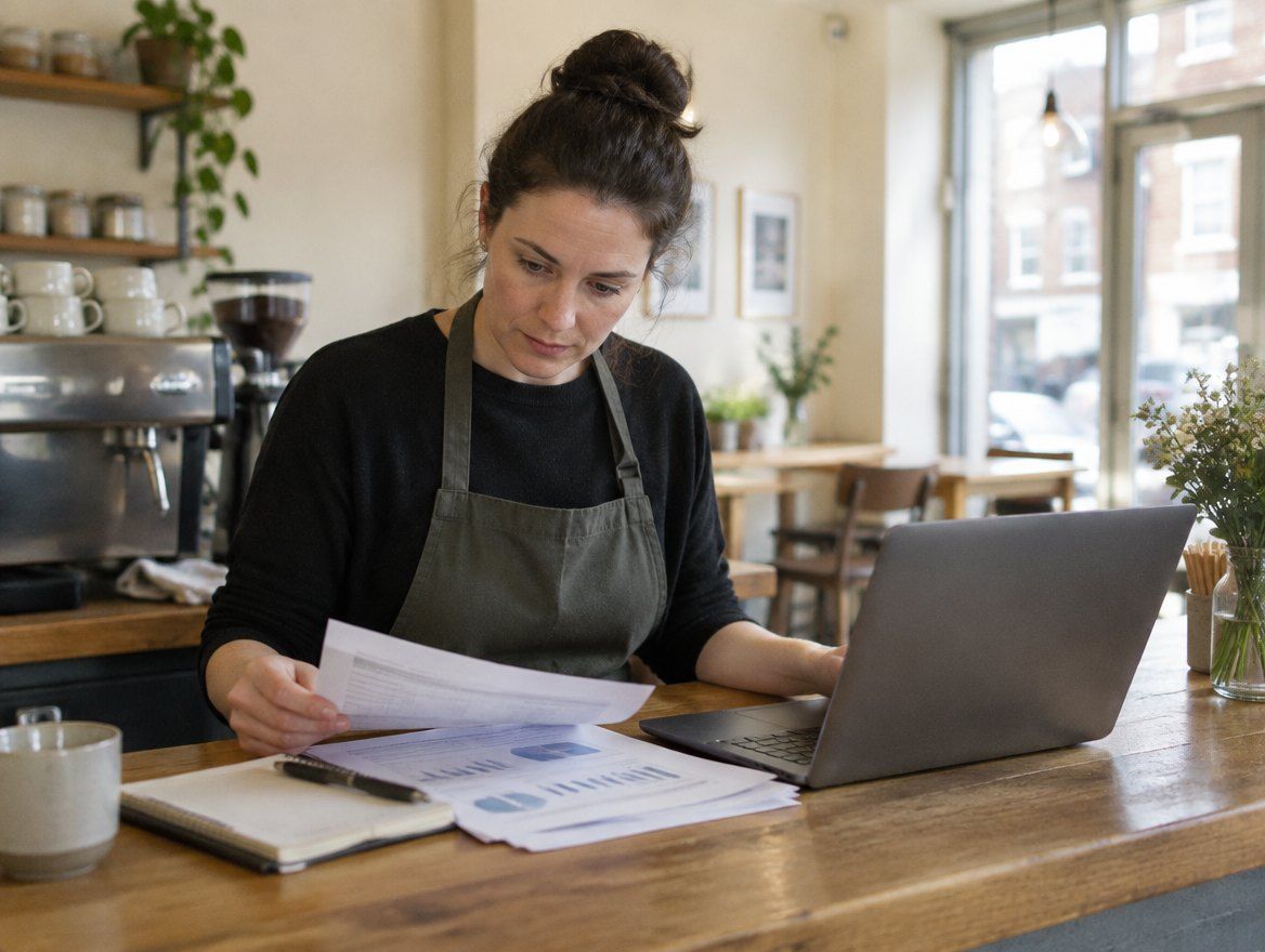 A franchise owner reviewing printed figures and a laptop at her counter before opening