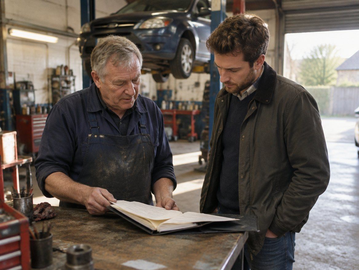 An outgoing owner and an incoming buyer reviewing paperwork in a vehicle workshop