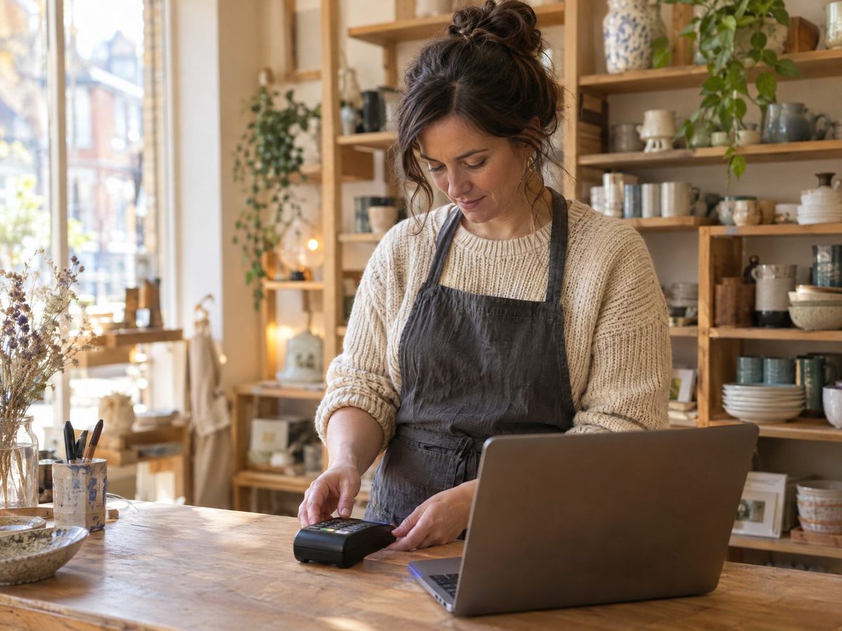 A shop owner setting up a card reader at her counter after closing