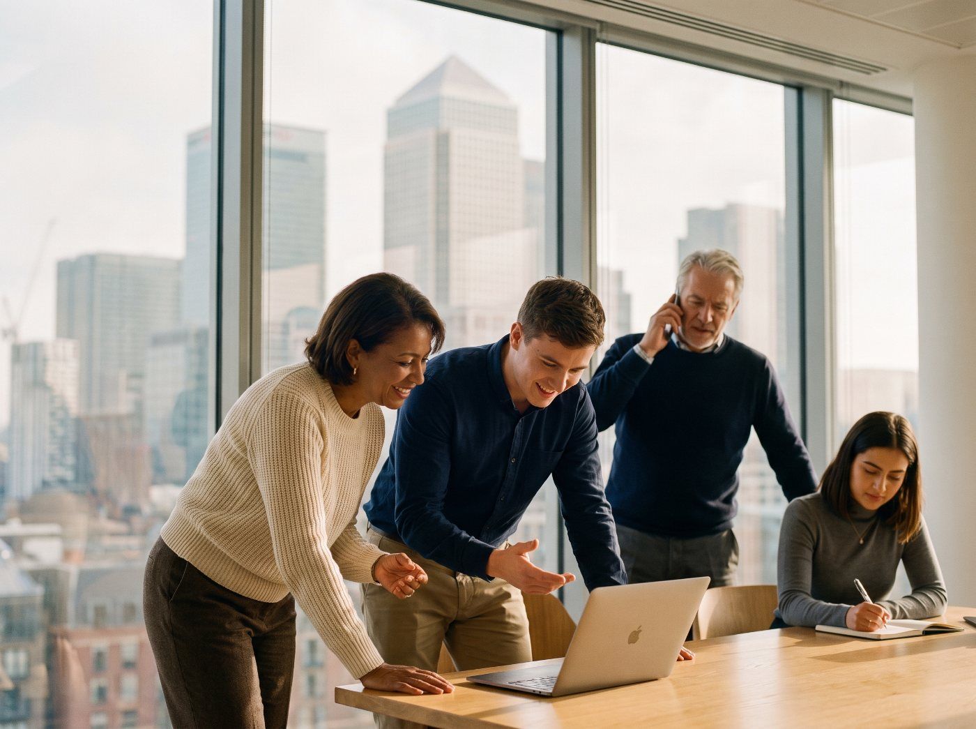 Four colleagues working around a laptop in a bright office overlooking Canary Wharf