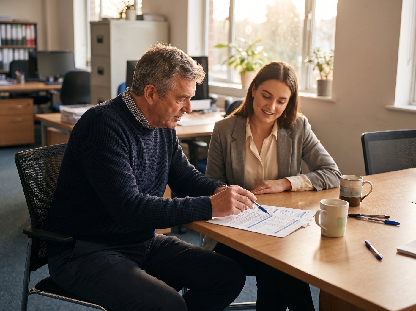 An experienced colleague talking a newer team member through a printed application at a meeting table