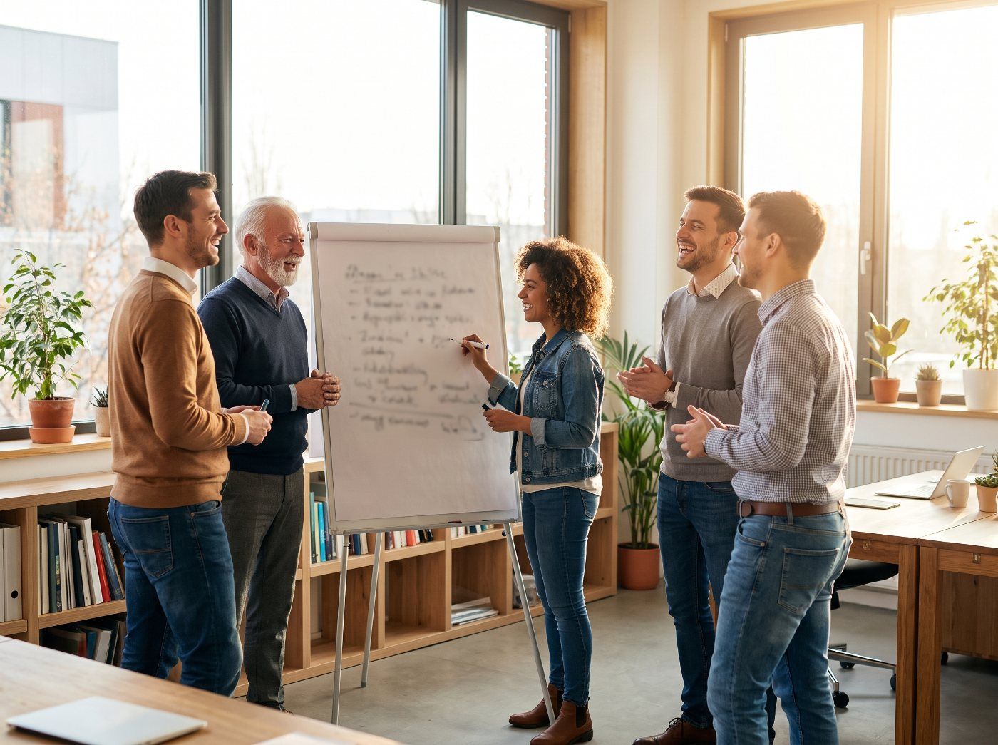 Five colleagues laughing together around a flip chart in a light, plant-filled office