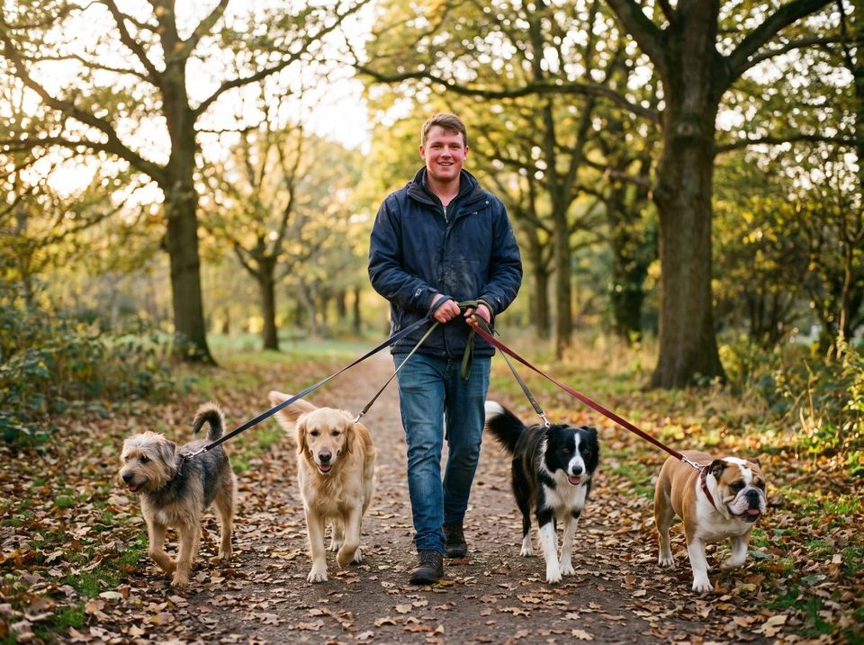 Self-employed dog walker out with four dogs in a city park