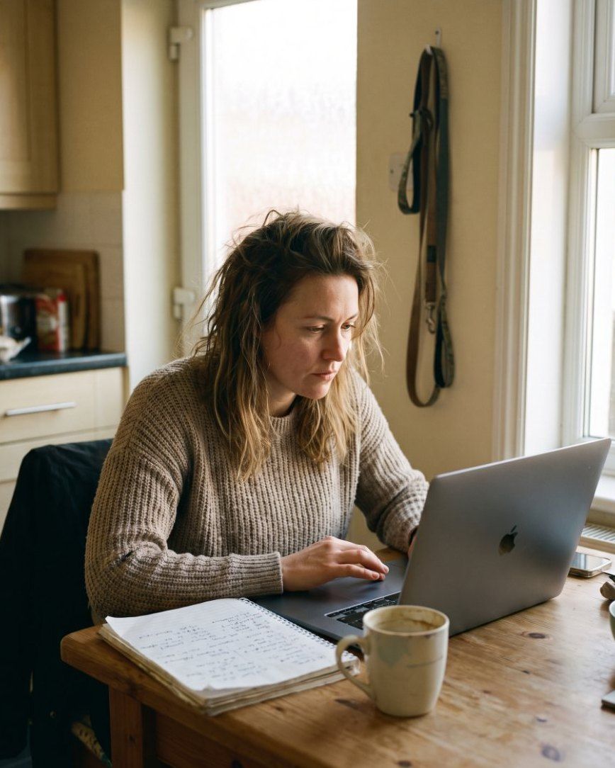 First-time founder working through her business plan on a laptop at the kitchen table